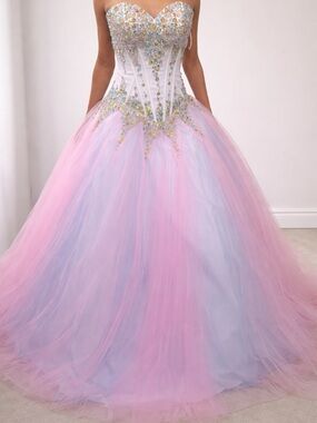 Strapless Pink & Lavender Tulle Ball Gown Prom Dress